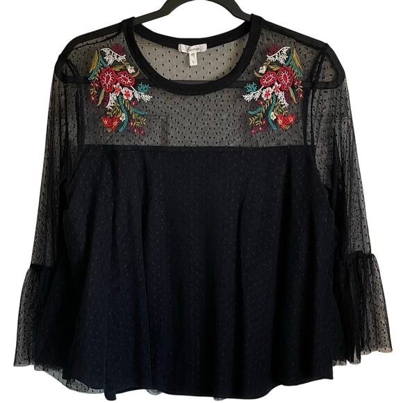 Maurices Mesh Overlay Floral Embroidered Top Black Sz L Witchy Whimsigoth Boho - Picture 1 of 12